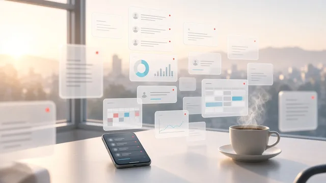 A white desk at dawn crowded by floating glass panes of unread messages, charts, calendar conflicts and alerts, beside a lit-up phone and a steaming coffee