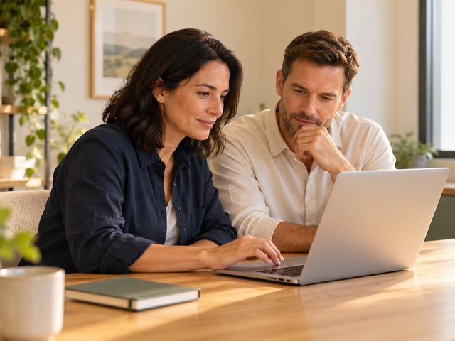 Two colleagues reviewing work together on a laptop at a sunlit table