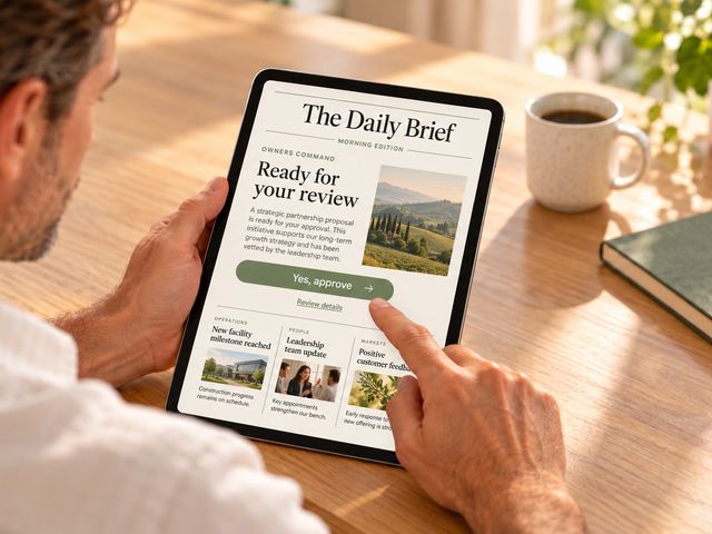 A business owner tapping Yes, approve on the Daily Brief on a tablet